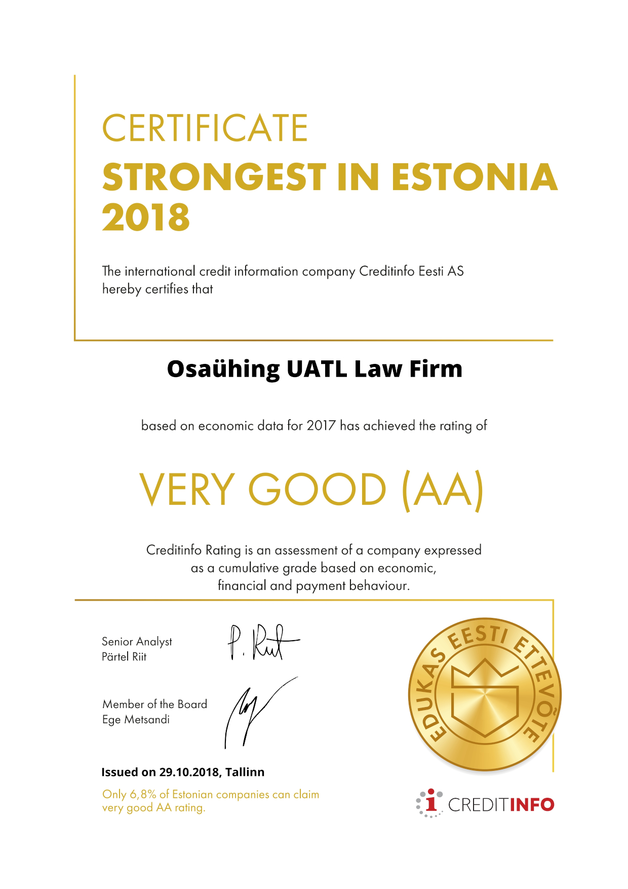 Certificate Strongest in Estonia 2018